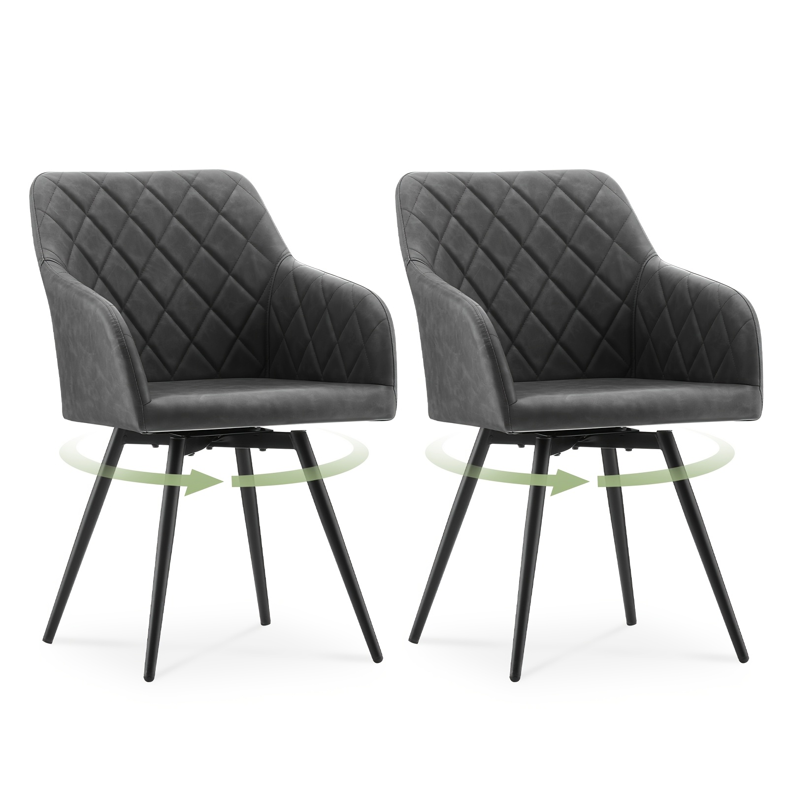 E-shop LEMROE 360 Grad Drehbarer Kunstleder Esszimmerstuhl Set mit 2 Stück, Polsterter Küchenstuhl Sessel mit Rückenlehne und Metallbeinen für Home