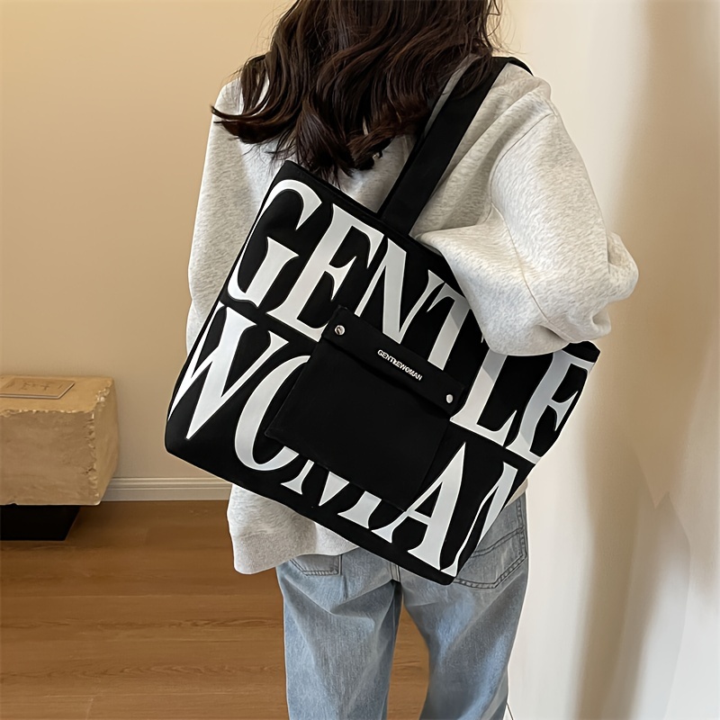 

Fashion Letter Print Tote Bag, Casual Canvas Shoulder Bag, Large Capacity Handbag For School Work Travel Shopping