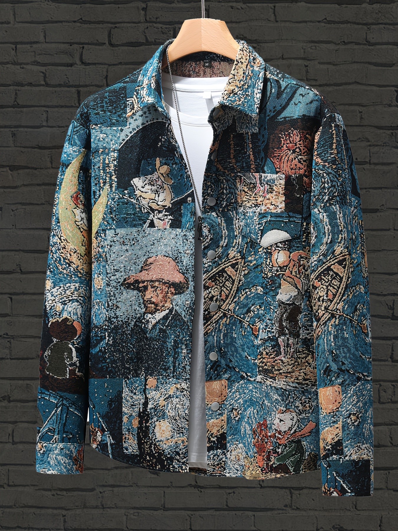 mens van   starry night art jacket vintage oil painting jacquard embroidery button front cardigan with chest pocket non elastic polyester fabric machine washable casual outdoor streetwear for   artistic casualwear   apparel detailed embroidery nonelastic fabric