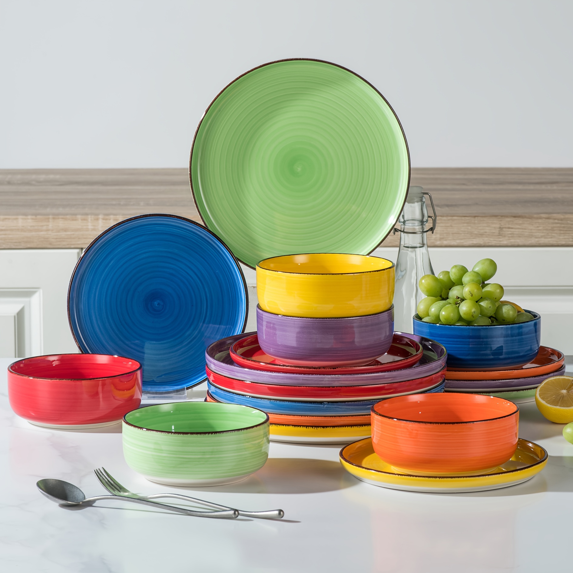 TEMU Colourful Set, Handpainted For 6 , 18- Plates And Bowls Set In Tones, Plates, Plates, And Bowl
