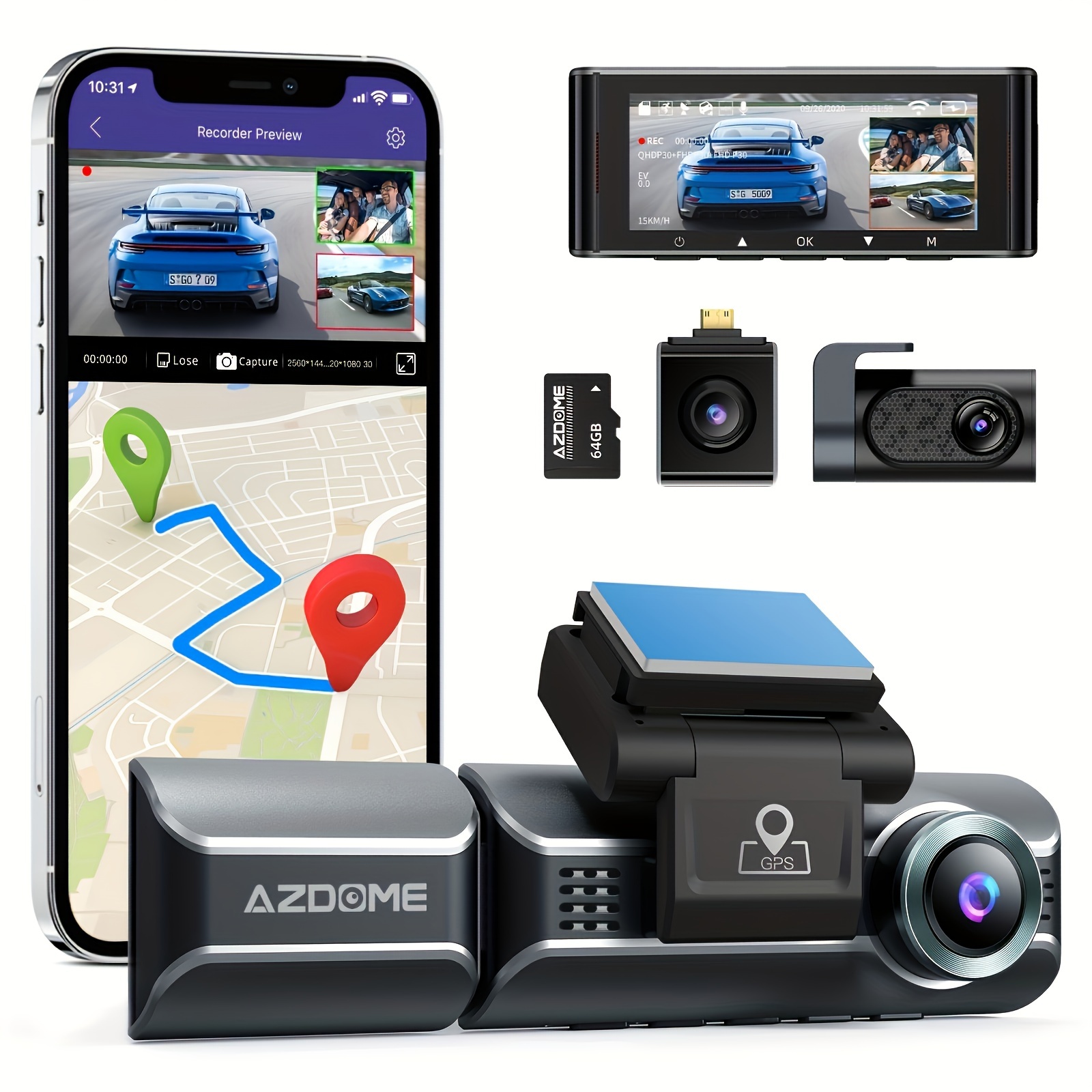 

Azdome Pro 4k -channel Dash Cam, Front And Rear Inside 2k+1080p+1080p, 3.19" Ips Screen, , Built-in 5g Wifi & Gps, 64g Card Included, Rear Camera Mirror Flip , 24h Parking Mode