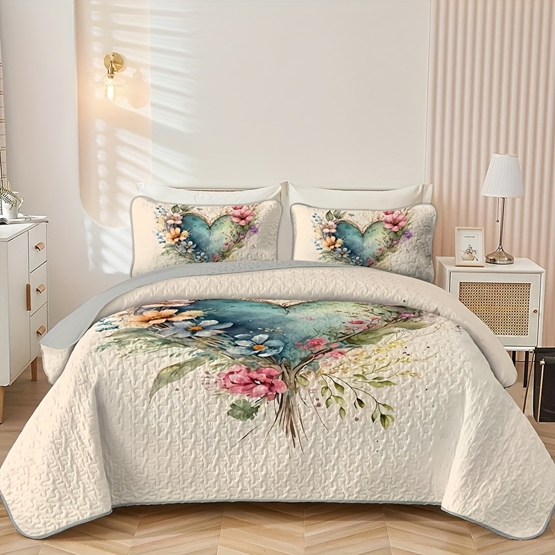TEMU 2/3pcs Pure Elegant Love Heart Flowers And Plants Quilted Quilt, 2d Flat 1pc Quilted Quilt+ 1/2 Pcs Pillowcases, Soft Breathable Comfortable