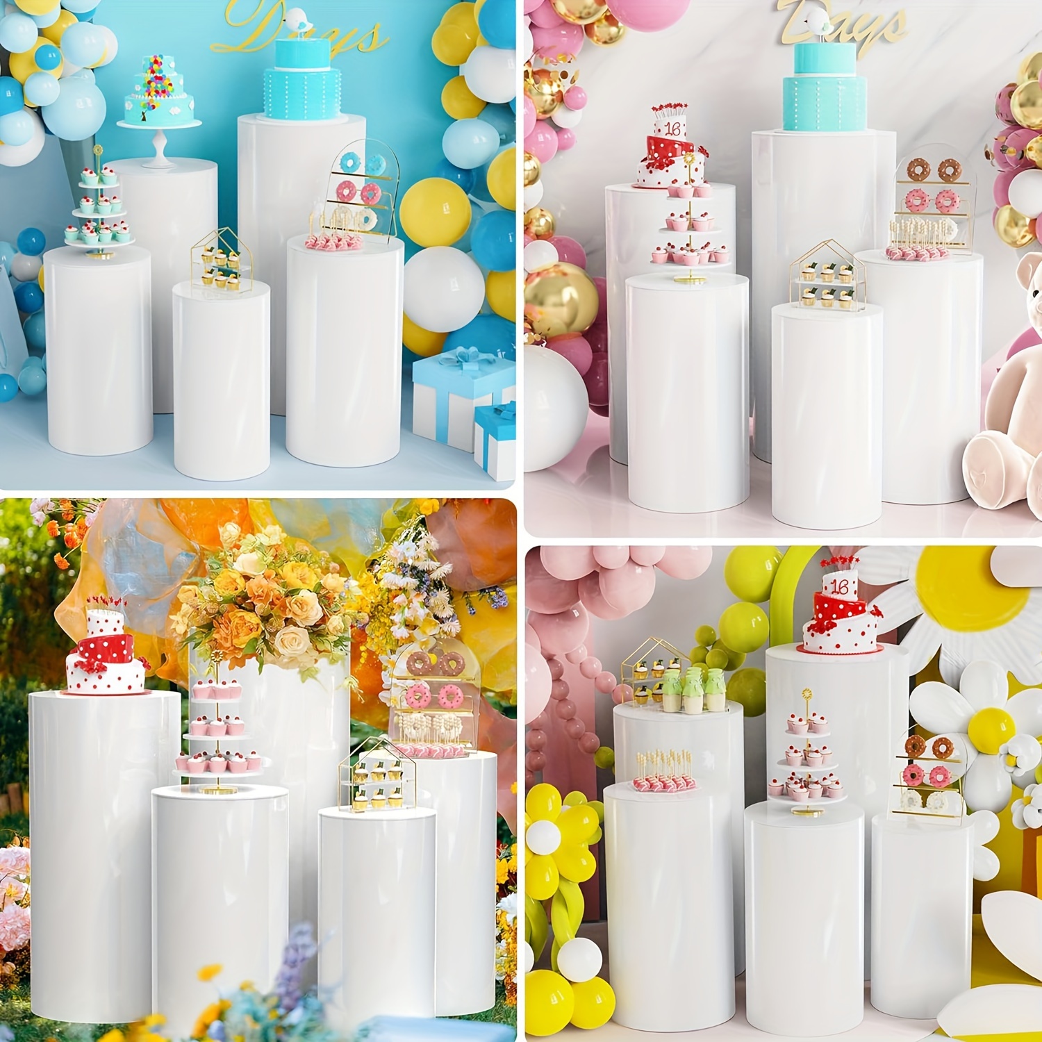 5-Piece Stretch Cylinder Pedestal Covers Set, Polyester Round Column Wraps for Party, Wedding, Birthday, Anniversary, and Graduation Decor, Universal Fit for Dessert Display Stands - Includes Covers Only, No Cylinder Pedestals.
