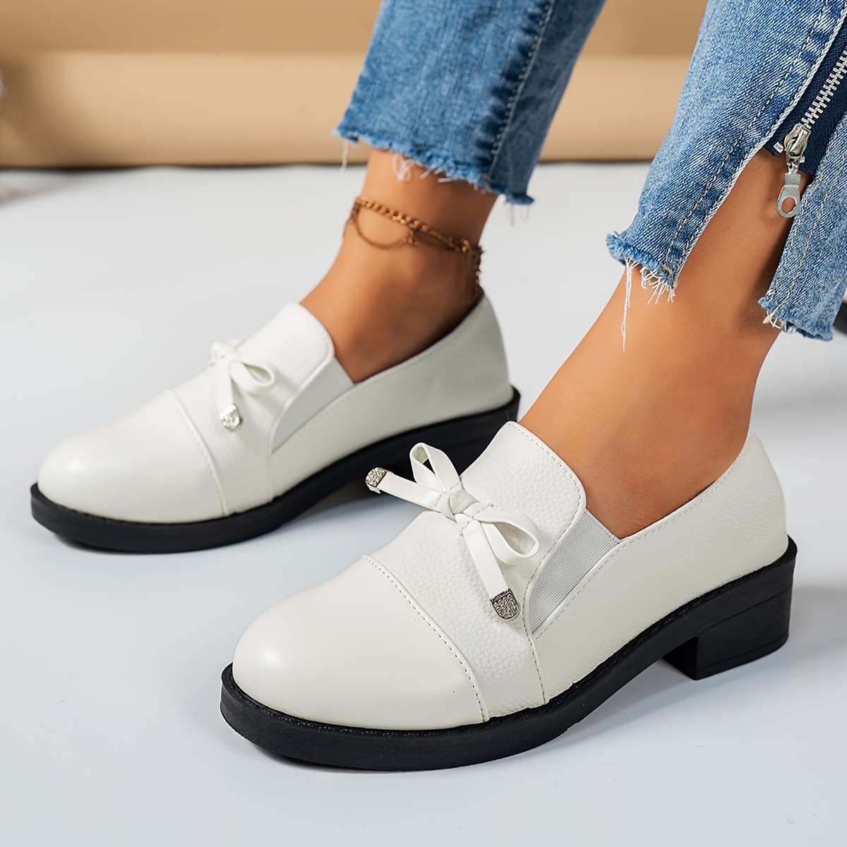 1 pair womens classic penny loafers comfortable slip on   shoes with rubber sole fabric lining and insole   upper round toe solid color bowknot detail for   details 3