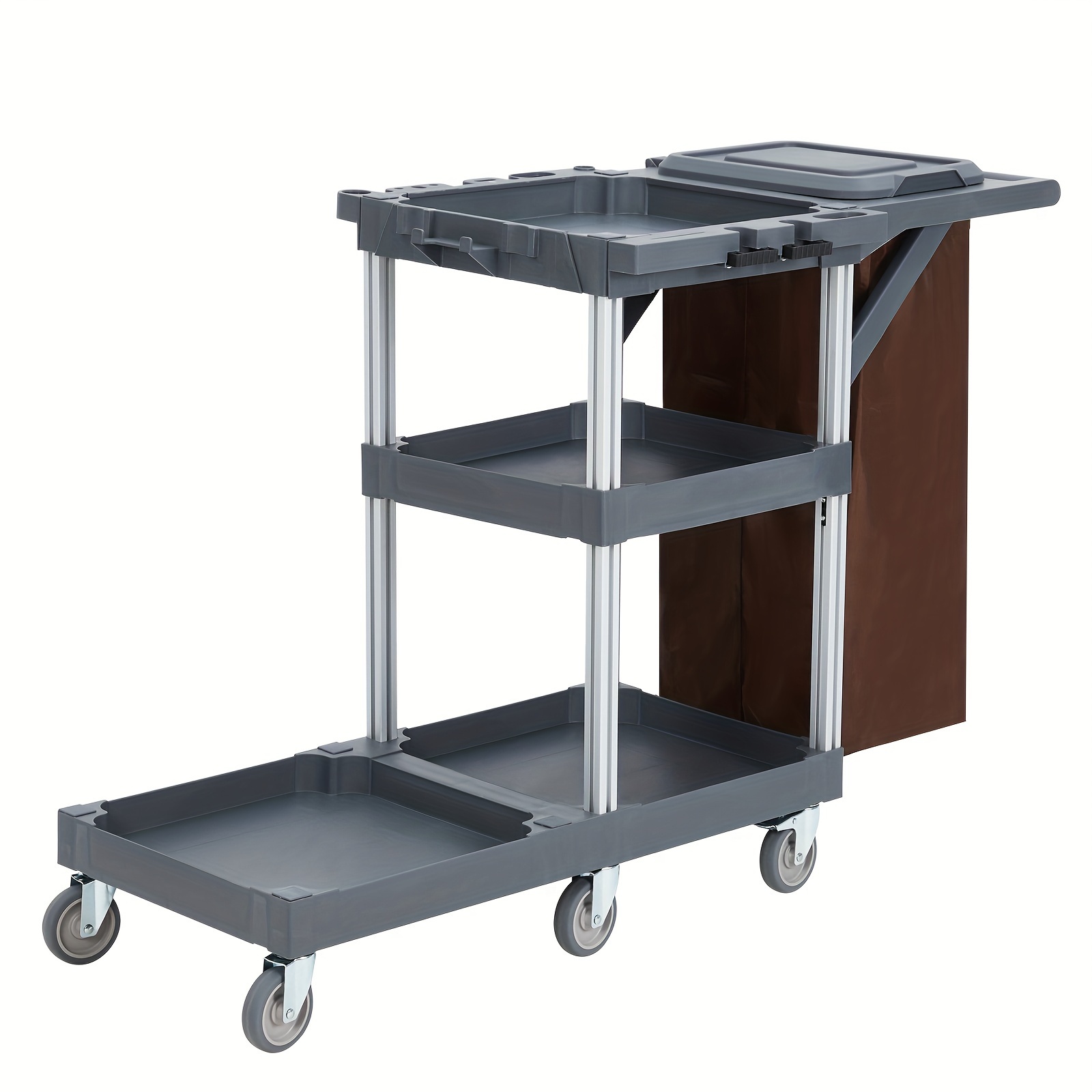 

Commercial Janitorial Cleaning Cart On Wheels - Housekeeping Caddy With Cover, Shelves And Vinyl Bag