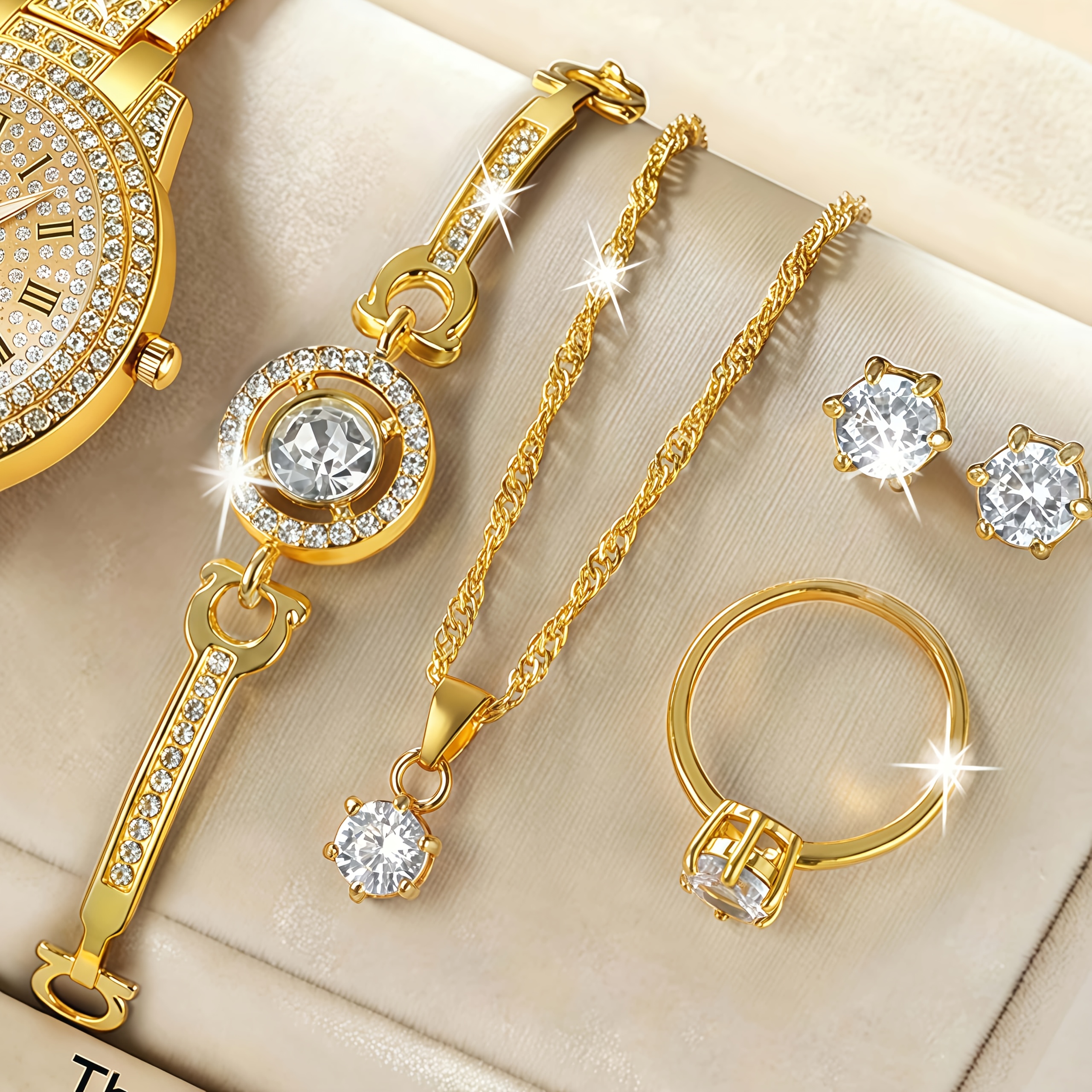 5pcs Set of Luxurious and Elegant Ladies Jewelry, Including Bracelets, Necklaces, Earrings and Rings, with a Shiny Golden Theme, * with Synthetic Cubic Synthetic Zirconia, Made of Durable Materials, Suitable for Daily Wear image 4