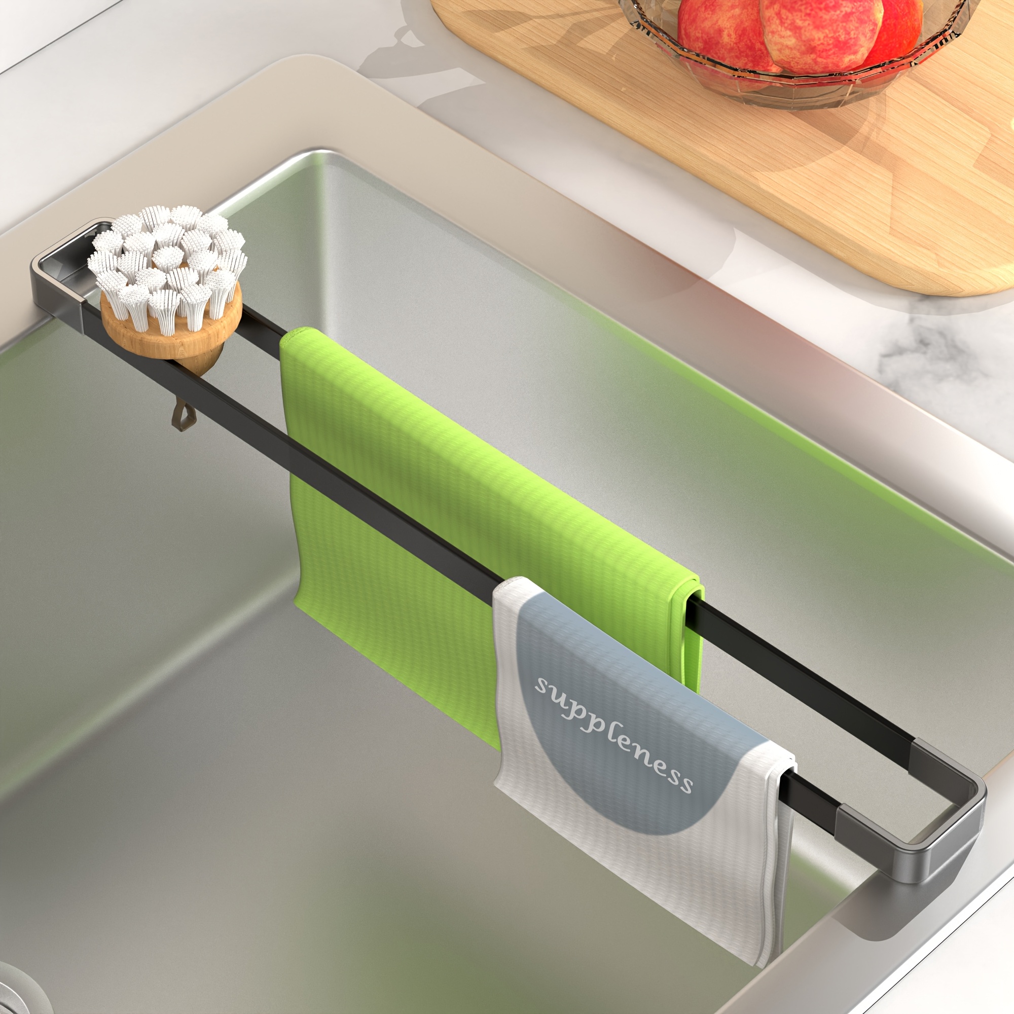 TEMU 1pc Expandable Sink Storage Rack, Dishwasher Rack Above Sink With Anti Slip Rubber End, Multifunctional Stainless Steel Kitchen Sink Accessory