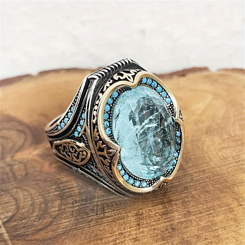 handcrafted vintage turkish blue cubic zirconia ring antique silvery fashionable details 2