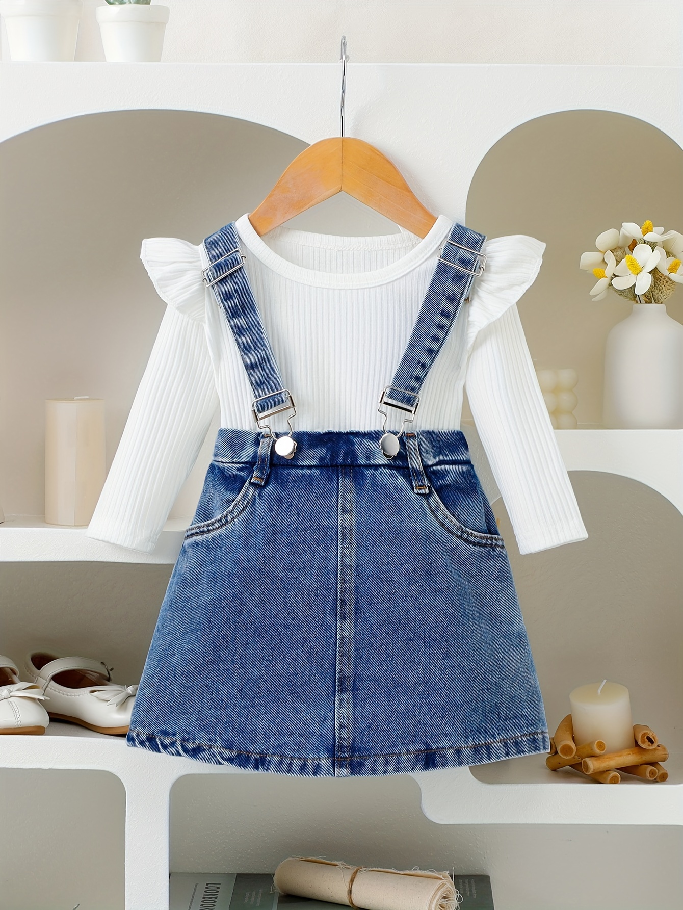Baby Girl Spring And Autumn Denim Overall Dress Set with Long-Sleeve Top  And Flutter Sleeves, for Outdoor