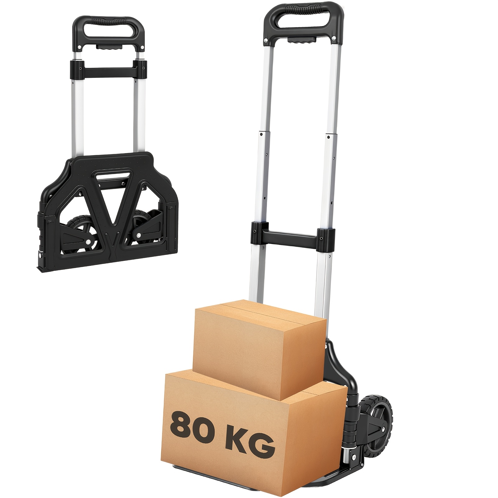 E-shop Faltbarer Sackkarre, leichte Transport-Sackkarre mit 80 kg Tragfähigkeit, 3-stufiger Höhenverstellung und faltet sich in Sekunden zusammen,