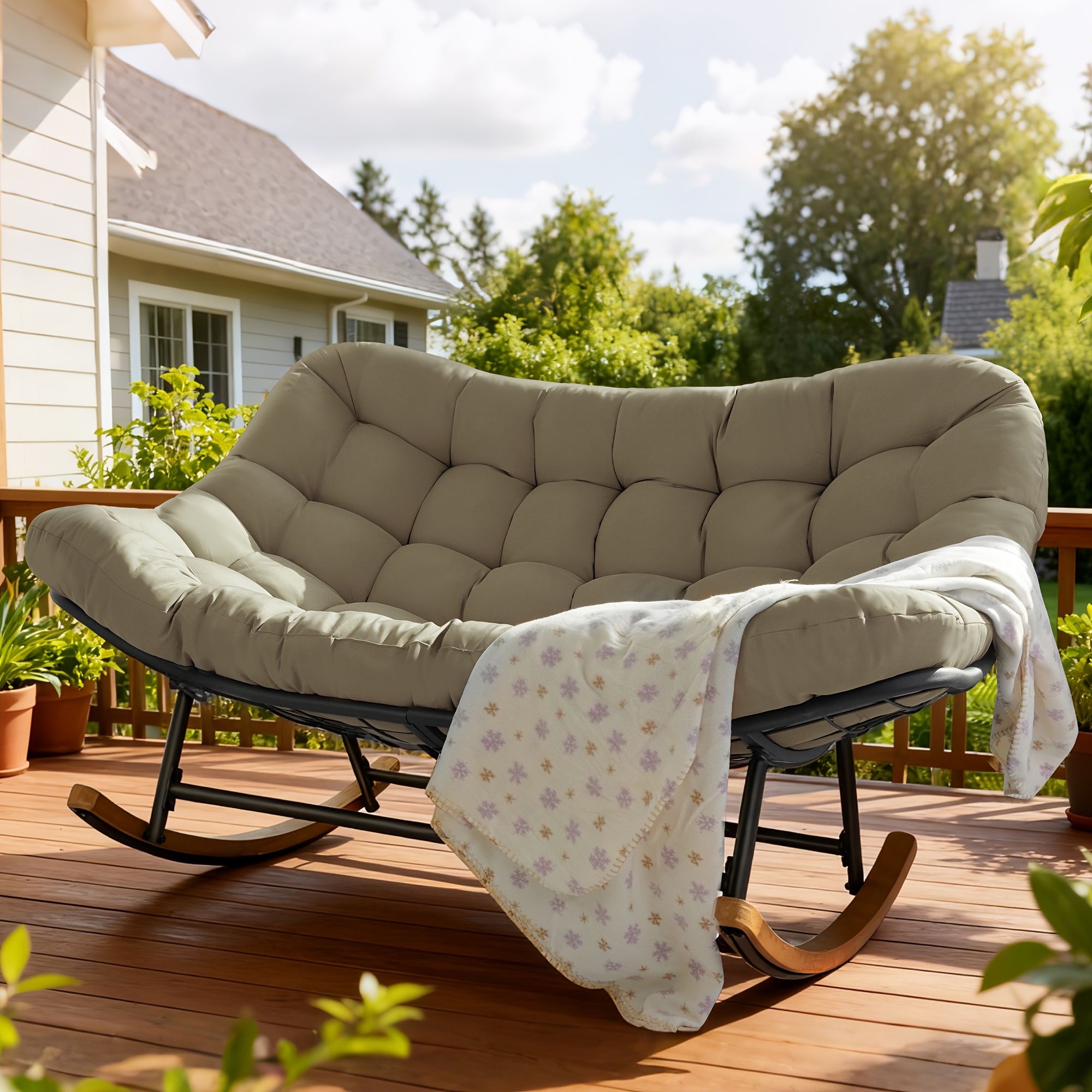 Image of Double Papasan Rocking Chair, Double Oversized Papasan Rocking Chair With Thick Cushions, Perfect For Game & Room Furniture
