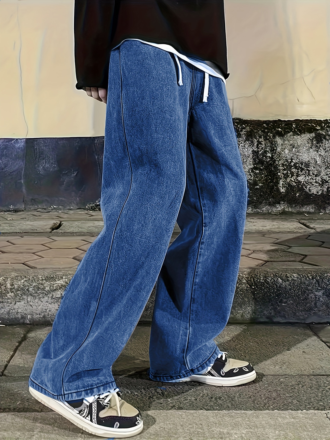 Spring Blue Full-Length Oversized Loose Fit Wide Leg Cargo Pants Men's  Fashion Plus-Size Jeans Street Trousers