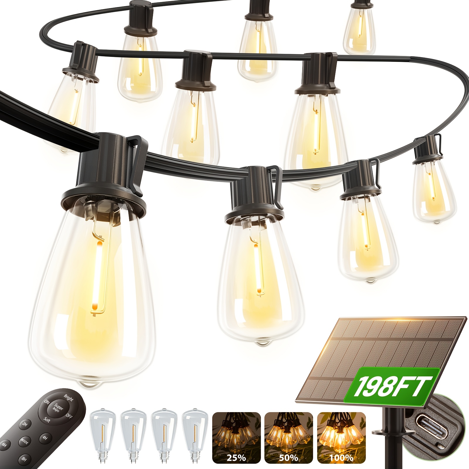 200 150 100 50ft solar led string lights waterproof st38 shatterproof edison bulbs remote control dimmable dusk to dawn 4400mah solar powered indoor outdoor lighting for garden porch patio balcony camping backyard party holiday