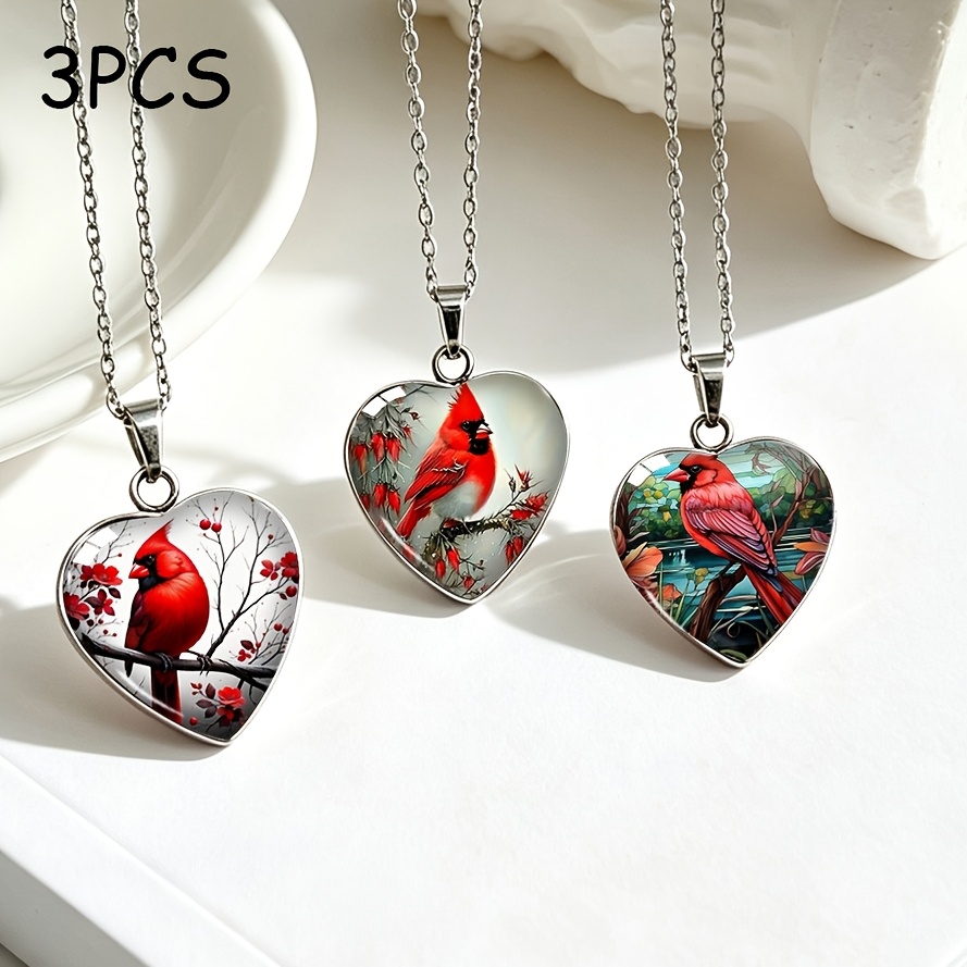 TEMU Ensemble de 3 pièces Collier en Acier Inoxydable de Cœur, Rouge Cardinal, Fleur de Prunier Rouge Cardinal, Oiseau, Peinture à l'huile Vintage,