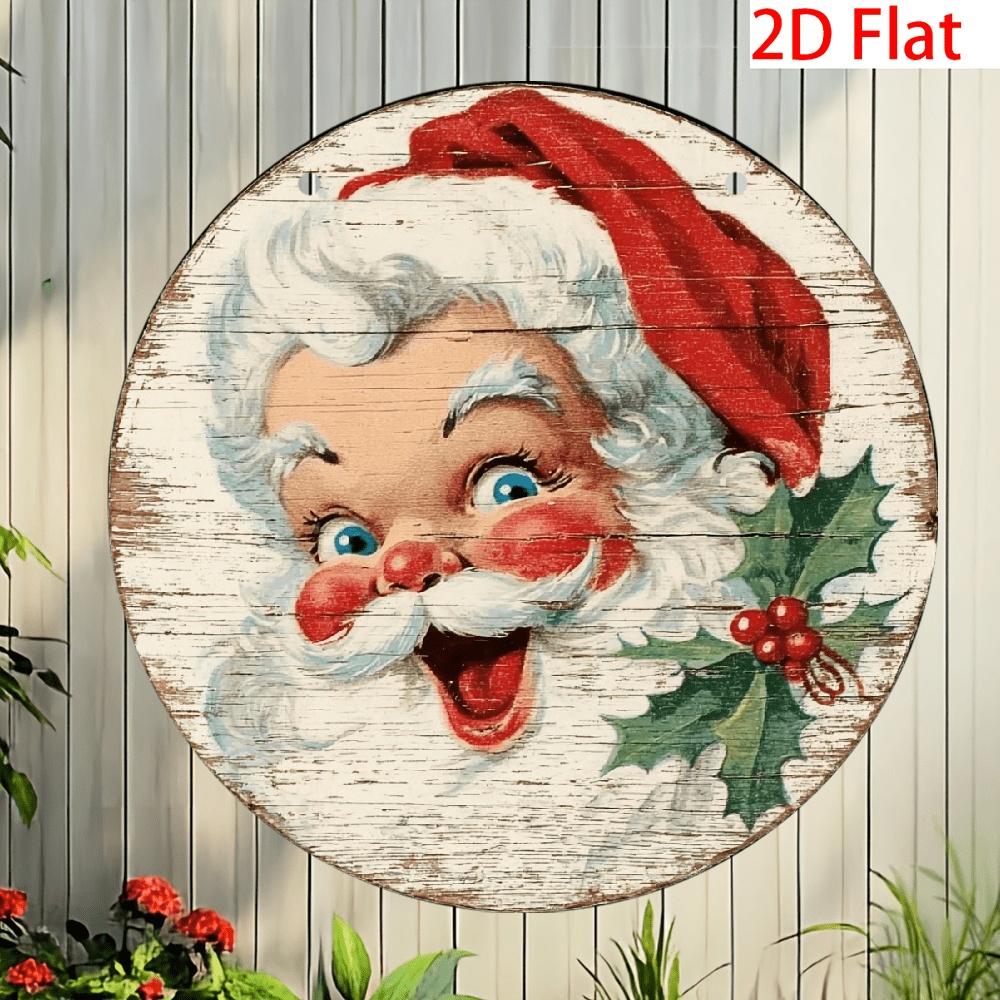 item picture 2d flat 2d flat two dimensional plane two dimensional plane 2 outdoor wall decor vintage santa claus metal wall   farmhouse style 8x8 inch round lightweight iron christmas hanging sign featuring santa claus head   ribbon