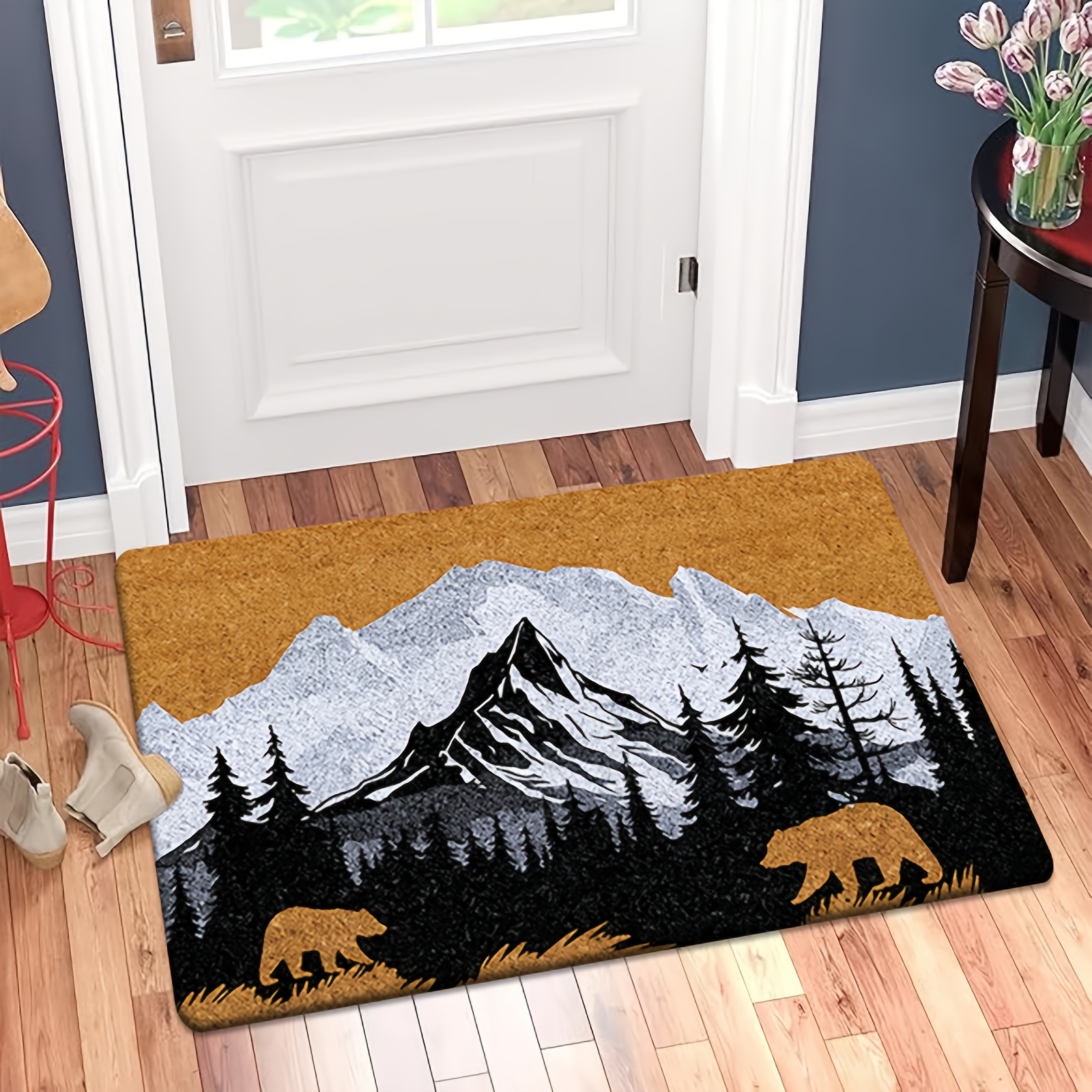 TEMU [ Product] [fleece And 1cm Thick Sponge Material] Fun Door Mat | Forest Bear Print Rug, Suitable For Bedroom, Kitchen, Dining Room, Bathroom And