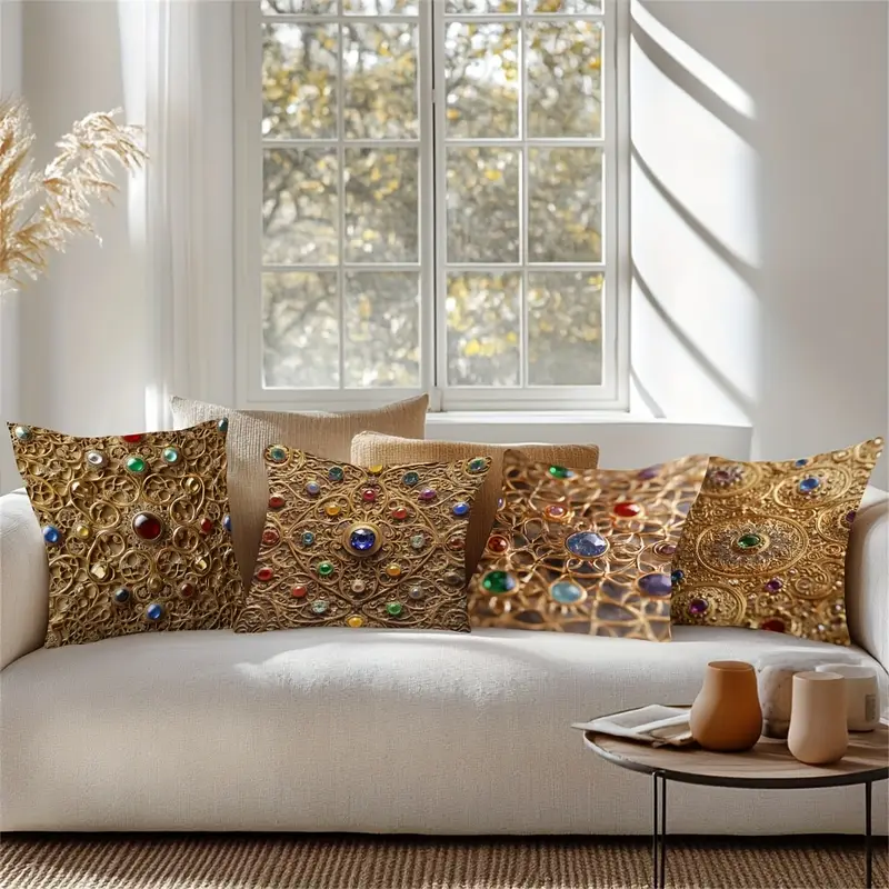 4pcs persian gemstone polyester pillow covers high quality 2 sided print no tassels or embroidery hidden zipper soft durable for living room couch or bedroom decor couch decor elegant pillow covers smooth texture Product details 4