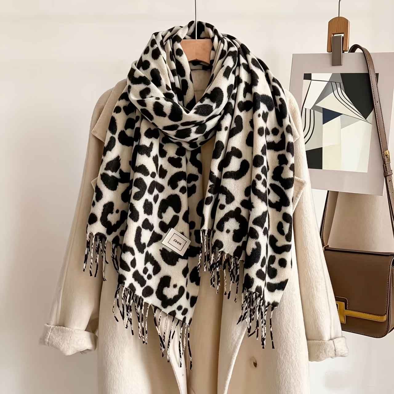 TEMU Châle à franges imprimé léopard de luxe léger, écharpe d'hiver rétro chaude pour femmes de l', outil de mode polyvalent