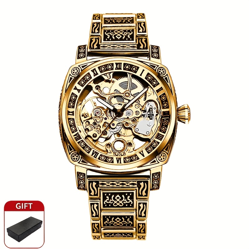 TEMU 1pc Men's Yellow Steel Strip Retro Carved Roman Fully Automatic Hollow Mechanical Watch, Without Battery