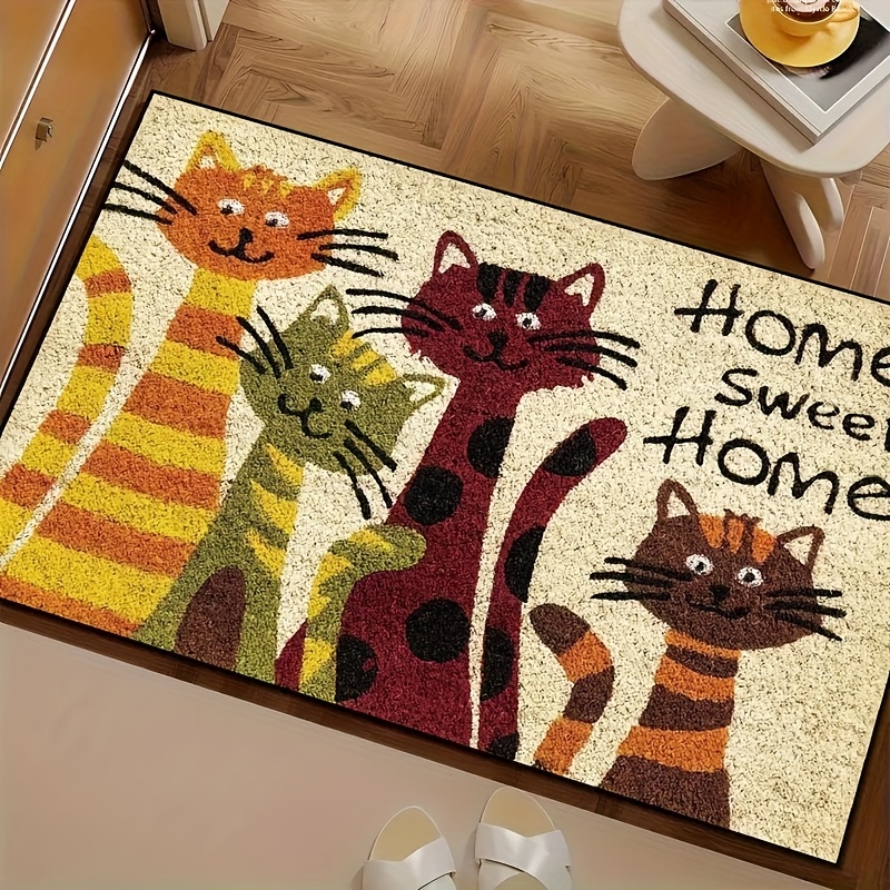 

1pc Cozy Cat Welcome Mat – Machine Washable Velvet, "" Design With Colorful Cartoon Cats, Entryway, Kitchen, Living Room, Or Bedroom Decor