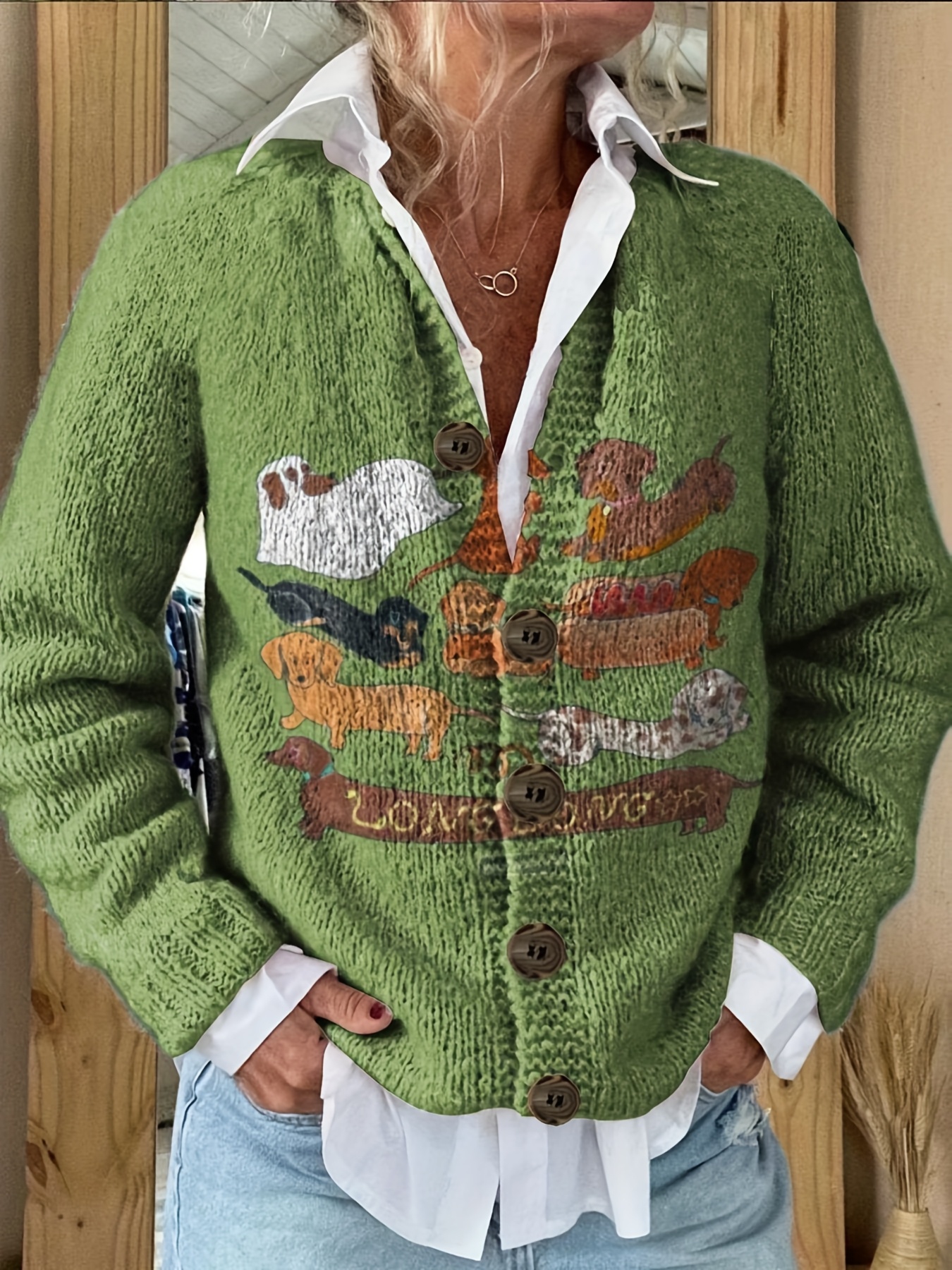 Women's Casual Long Sleeve Cardigan Sweater Animal Print (Fox, Rabbit,  Bird) with &*;*&*; Text, Olive Green Button Front Lightweight S