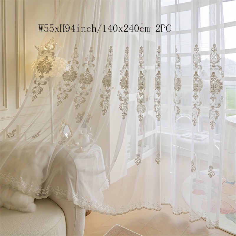 Image of 2pcs European Geometric Embroidery Sheer Tulle Polyester Curtains For Living Room Bedroom Door Window Multi Functional Hook Transparent Curtain Home Partition Voule Drapes