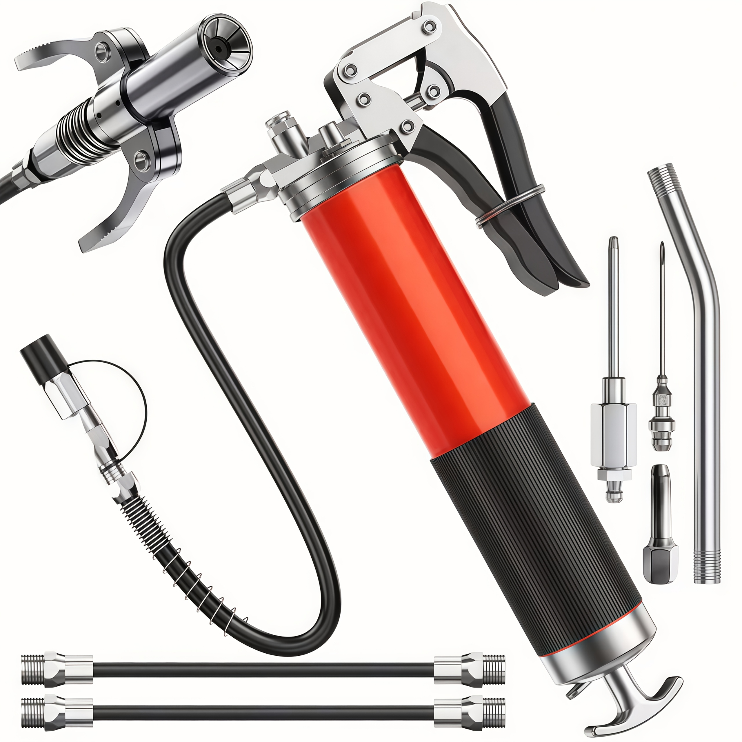 TEMU Grease Gun Kit 8000 Psi Heavy Duty Grease Gun Locking Coupler Hose 14oz Load 2 Standard Hose Reinforced Coupler Rigid Pipe Sharp Nozzle