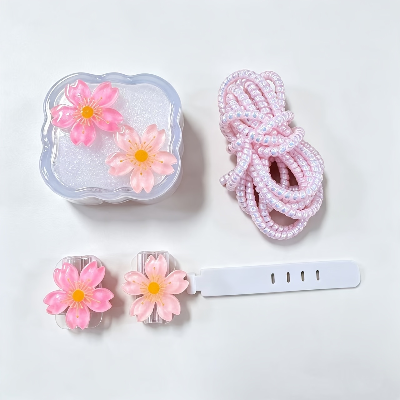 TEMU 5pcs Set 3d Pink Floral Charger Protector And Anti-break Cable Organizer, Suitable For Iphone, 18/20w, Ideal Gift For Girlfriend