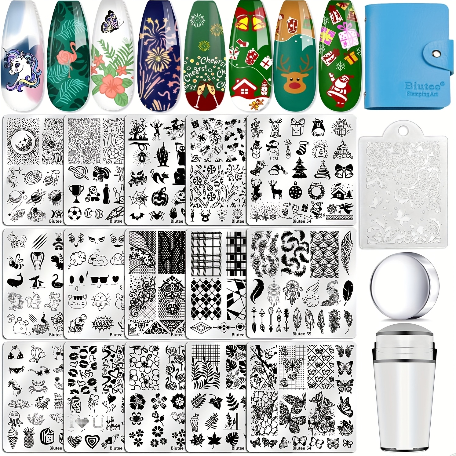 Image of 19pcs Biutee Nail Stamping Plate Set Including A Nail Art Stamper, Scraper, Storage Bag, And Gift Box, Featuring Christmas And Halloween Designs With Lace, Flowers, Butterflies, And Stars