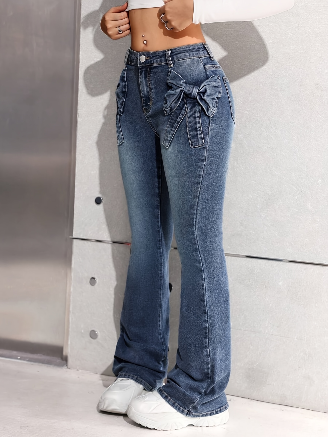 kids clothes girls bow decor flare jeans casual high waist stretchy denim pants teen girl clothes   daily wear school outfits
