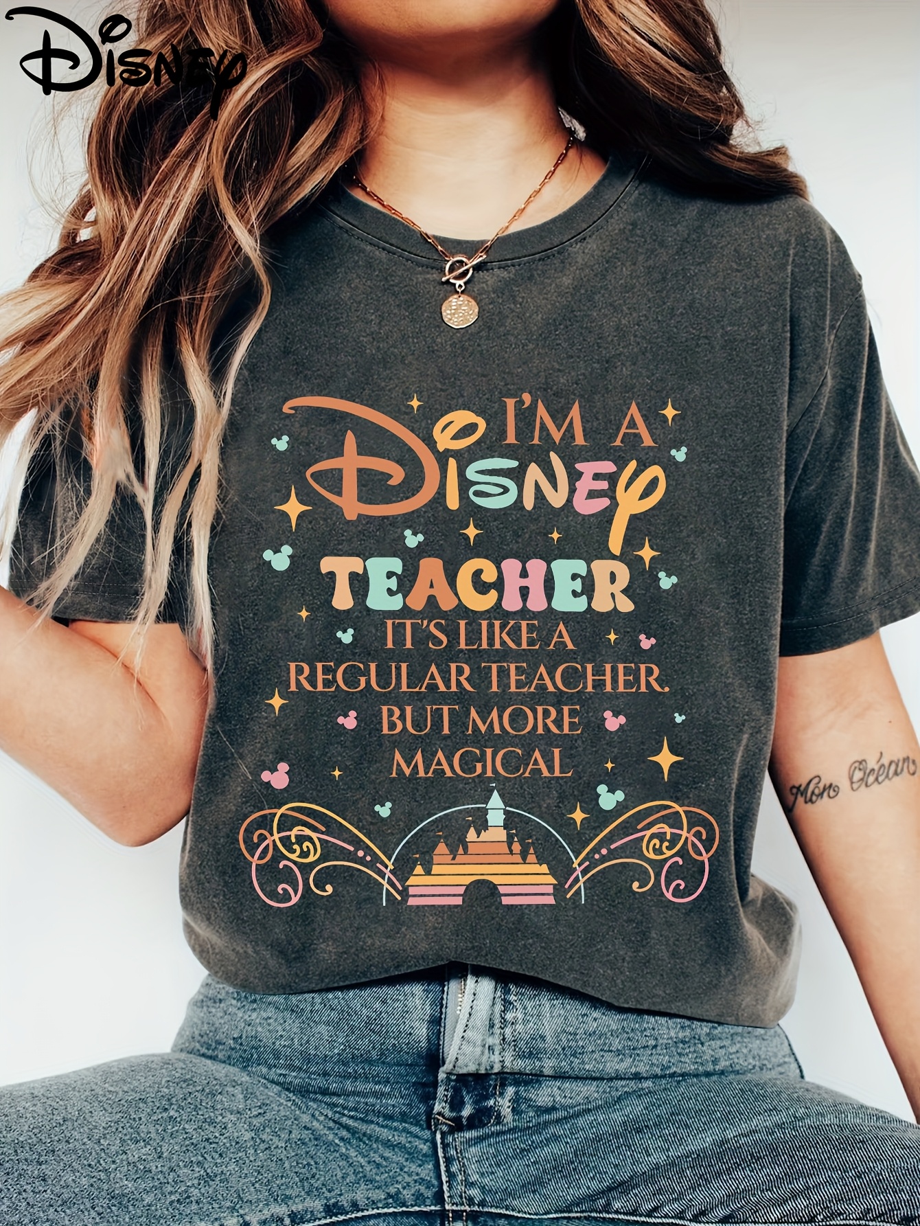   womens im a   teacher graphic t shirt magical quote castle design dark green short sleeve casual   washable for spring summer fall     tee