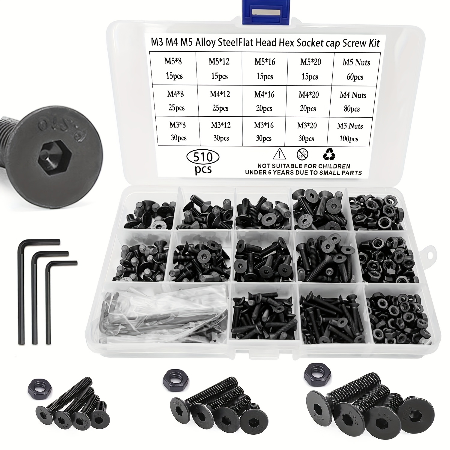 510 piezas, conjunto de tornillos y tuercas M3, M4, M5, con cabeza plana y rosca hexagonal, acero aleado, con 3 llaves hexagonales, conjunto de tornillos y tuercas de rosca hexagonal negra.