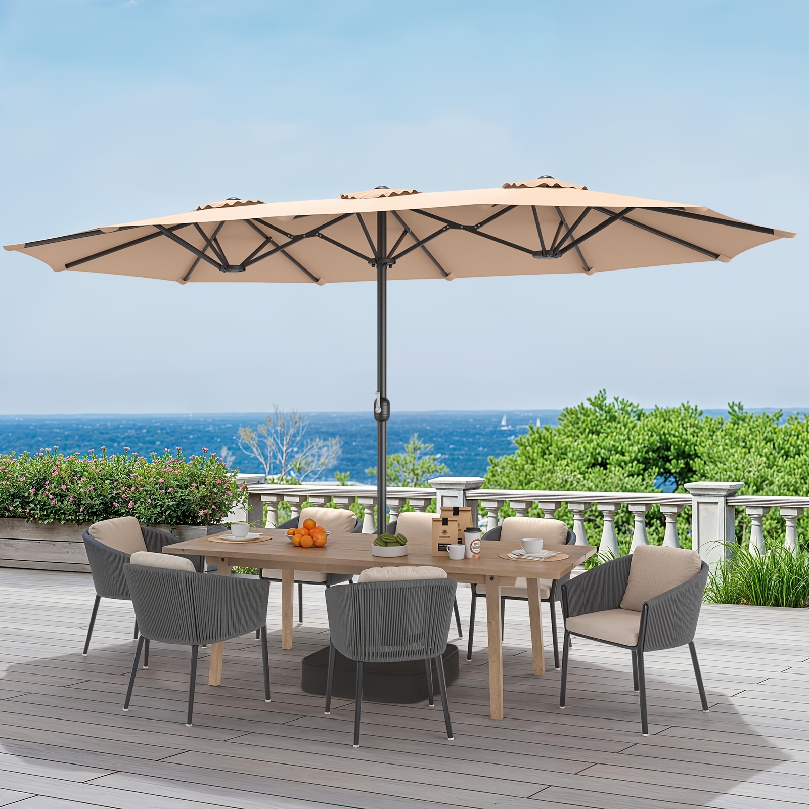 TEMU 15ft X 9ft Extra Large Rectangular Double-sided Patio Umbrella With Base & Crank - Beige & Turquoise Outdoor Canopy, Heavy-duty Wind-resistant