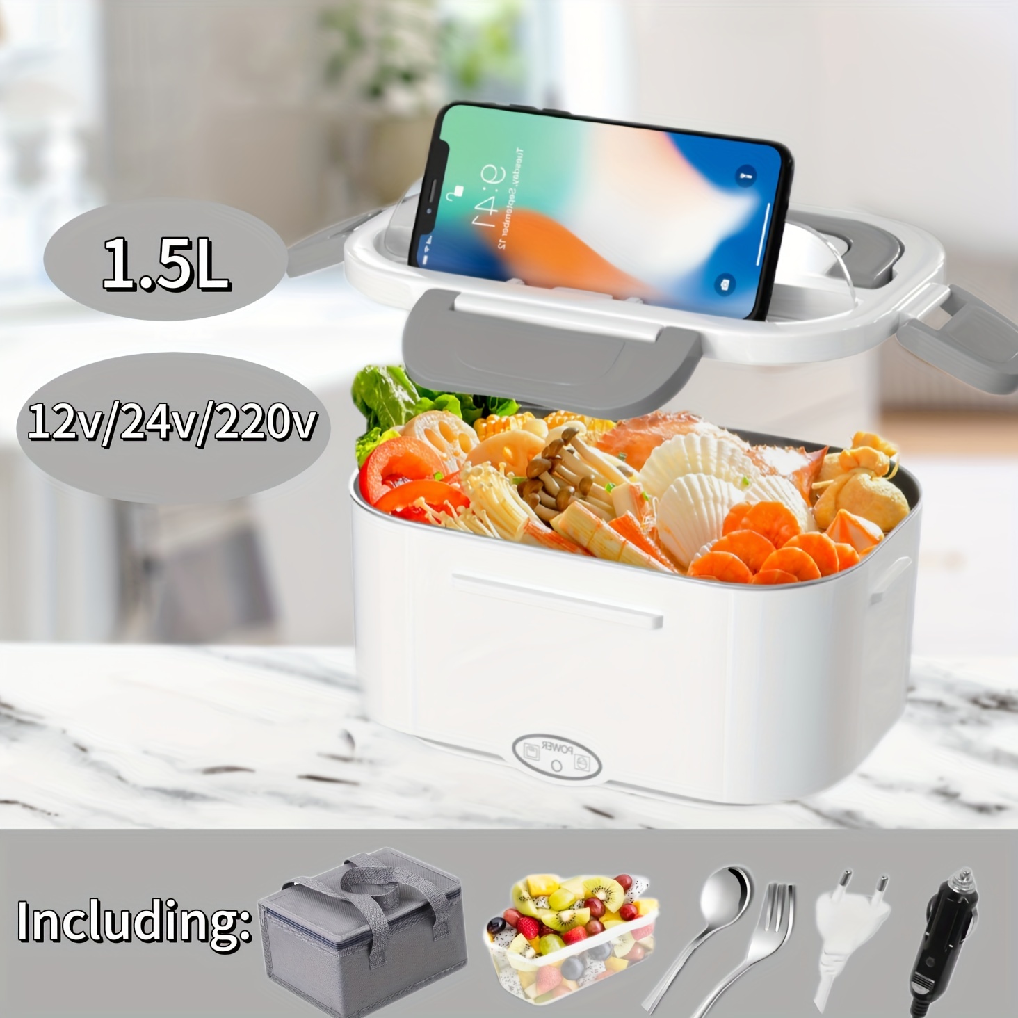 

60w White Gray Electric Heated Lunch Box For Commuting Workers With Insulated Bag And Cutlery Set, 1.5l Lunch Heating Lunch Car Available,...