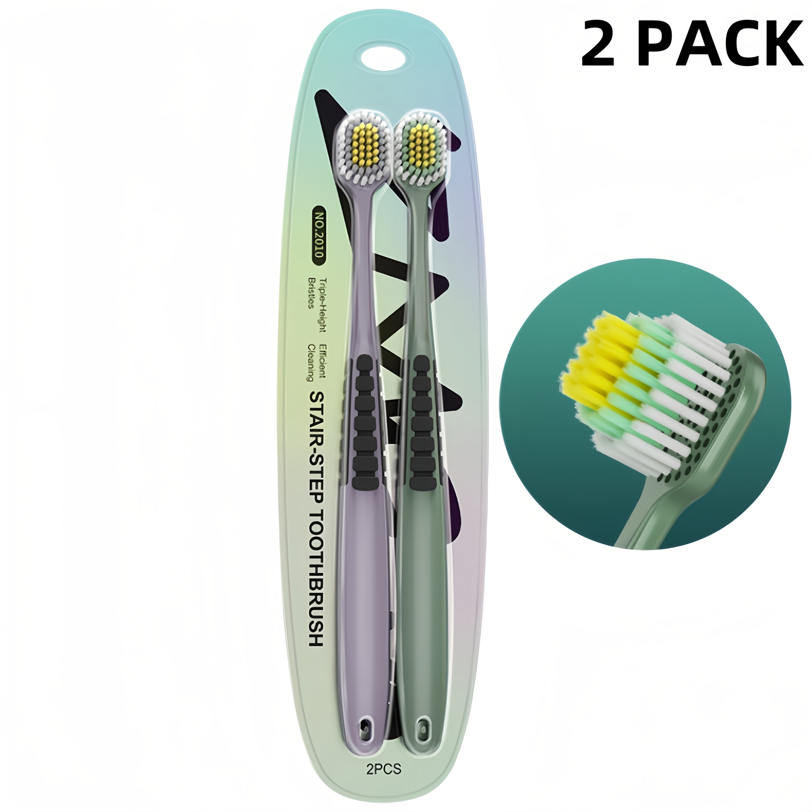 Image of Wide-head Triple-bristle Toothbrushes For Sensitive Teeth And Gums, Deep Cleaning, Ideal For Travel And Father's Day Gift, 2pcs.
