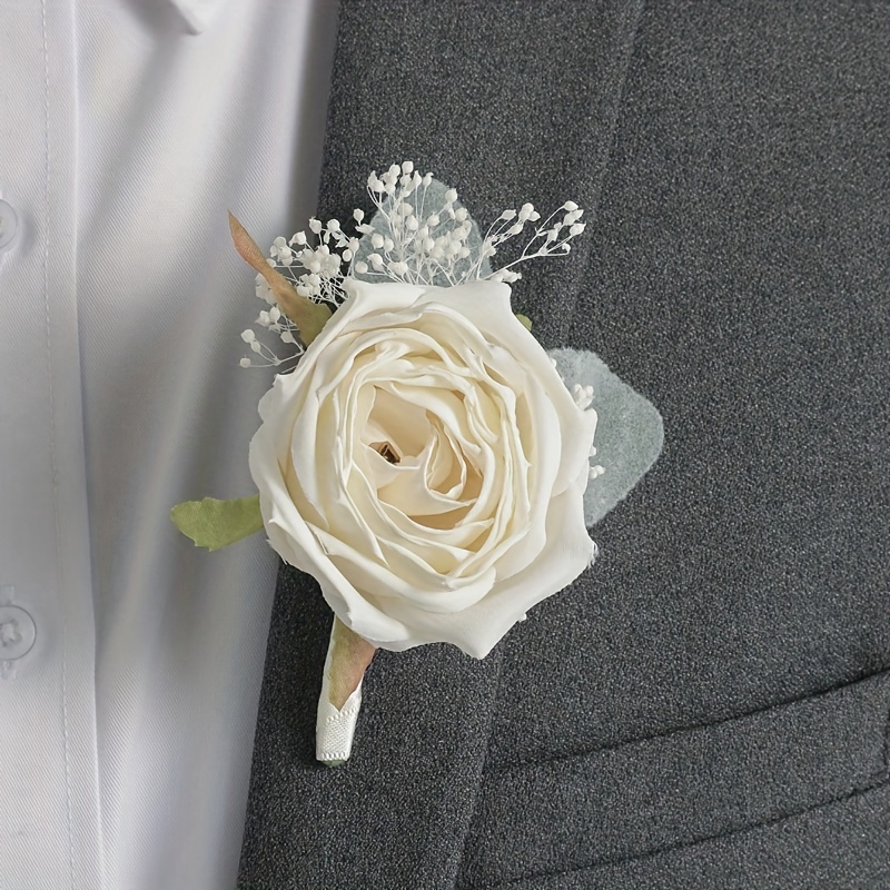 

Boho Wedding Boutonniere, 1pc White Rose Lapel Flower With Baby's Breath, Polyester Groom & Groomsmen Accessory For Ceremony & Parties