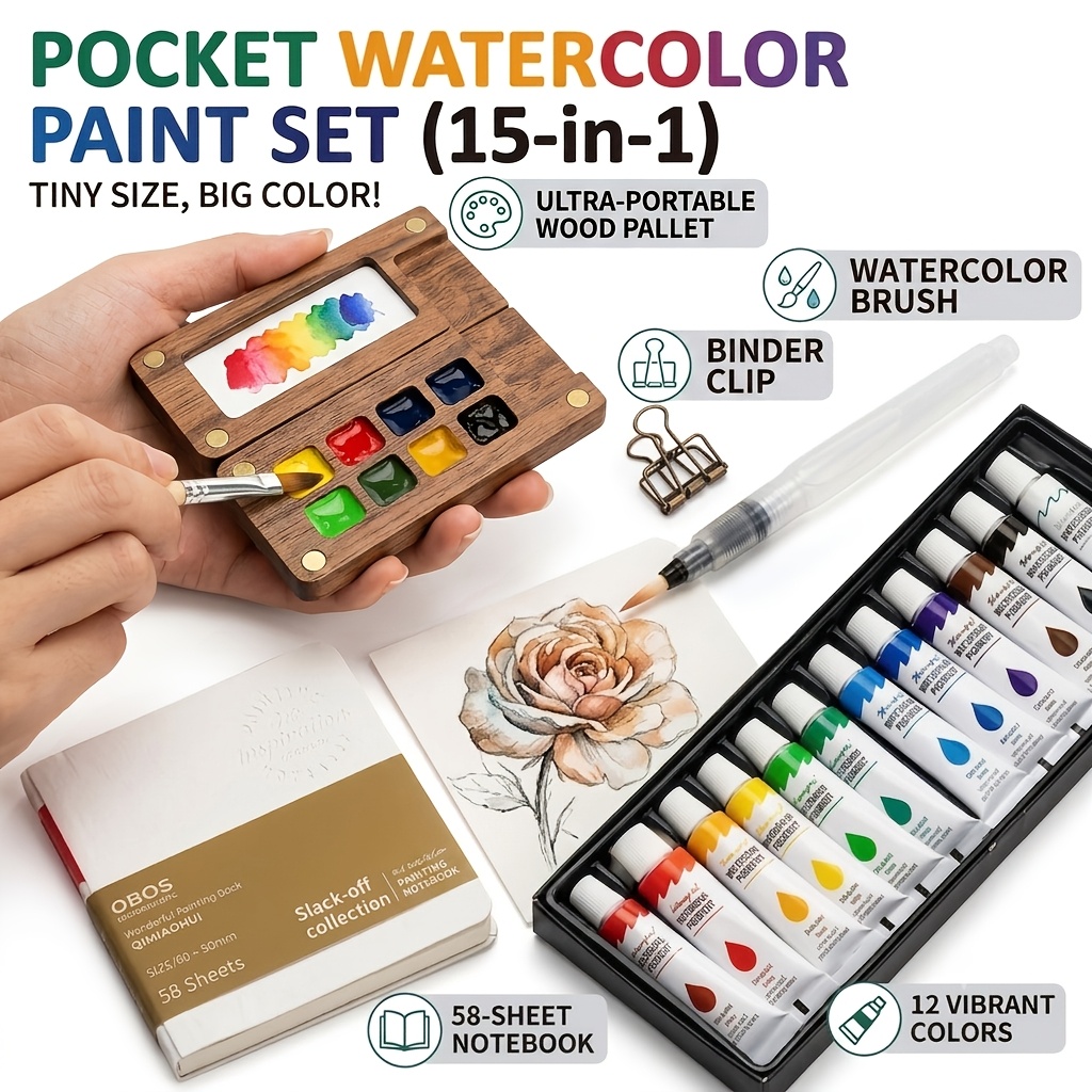 Image of 12- Watercolor Set (includes Wooden Palette, 1 Brush, 1 Sketchbook, And 1 Set Of Paints) A Portable Travel Watercolor Painting Set Designed For Artists And Creative Sketching; An Ideal Gift