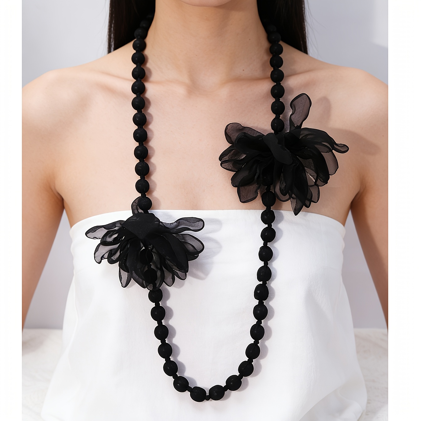 Women's Handmade Woven Long Necklace with Fabric Flower