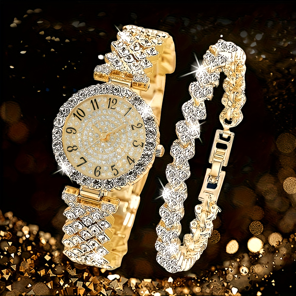 womens   quartz watch and bracelet compatible for elegant watch with sequin case pointer hands alloy strap accurate quartz movement ideal gift for mom wife girlfriend daily wear special occasions