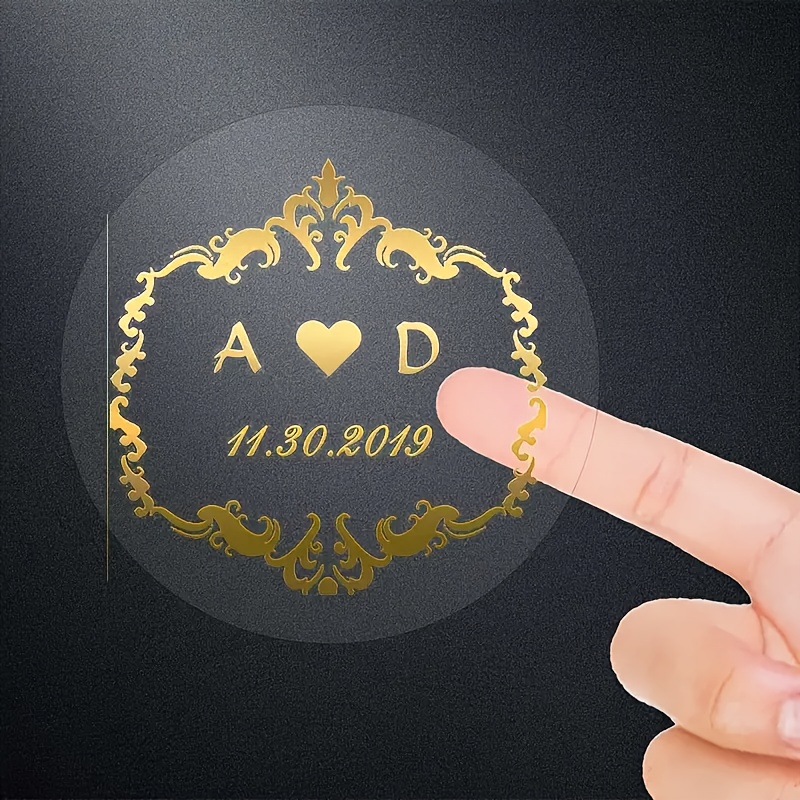 

50 Autocollants Dorés Transparents Personnalisés, Nom Date Personnalisé, Adaptés pour d'Autocollants de Mariage