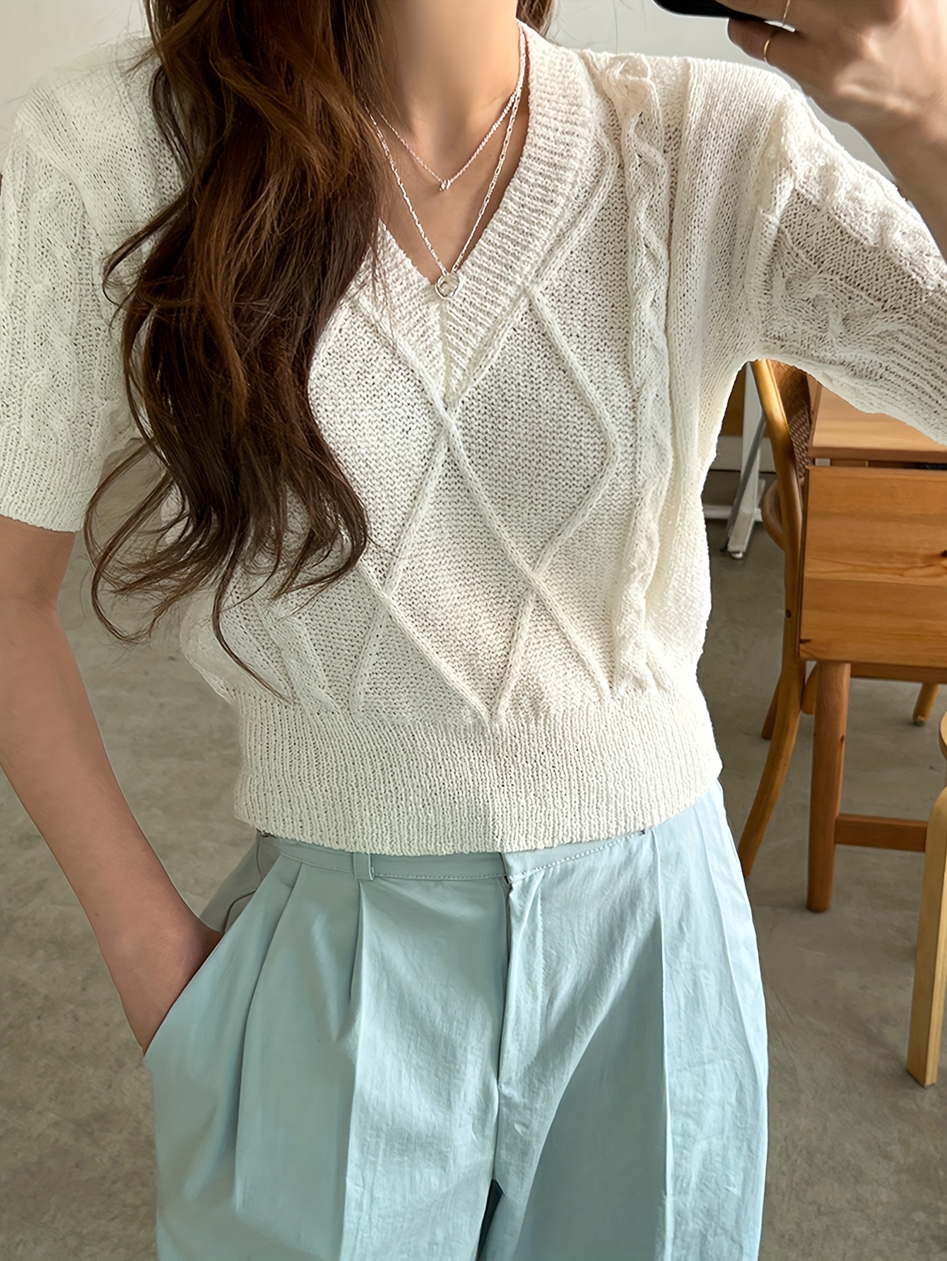 jersey cuello solo color suéter punto manga corta Temu Uruguay