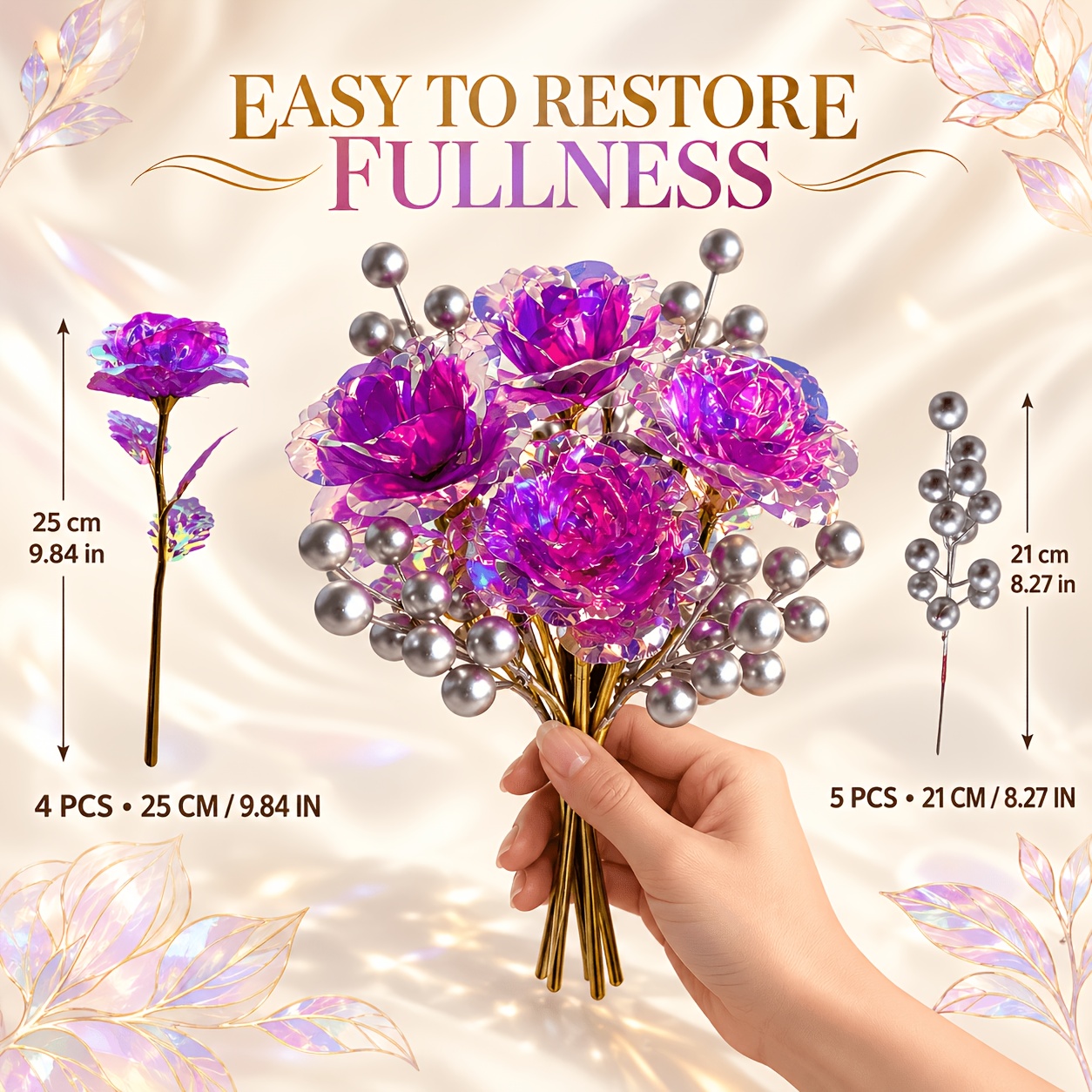 TEMU 9pcs Set: Artificial Crystal Purple Roses With Silvery Berry Branches. High-end Simulated Material An Elegant And Sophisticated Atmosphere,