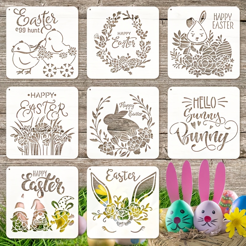 

8-pack Easter Drawing Stencils Set, 7.87x7.87 Inches Large Bunny & , Spring Farmhouse Diy Decorative Mat Set For Wreaths, Home Decor, Plastic Material, Ideal For Crafting & Decor