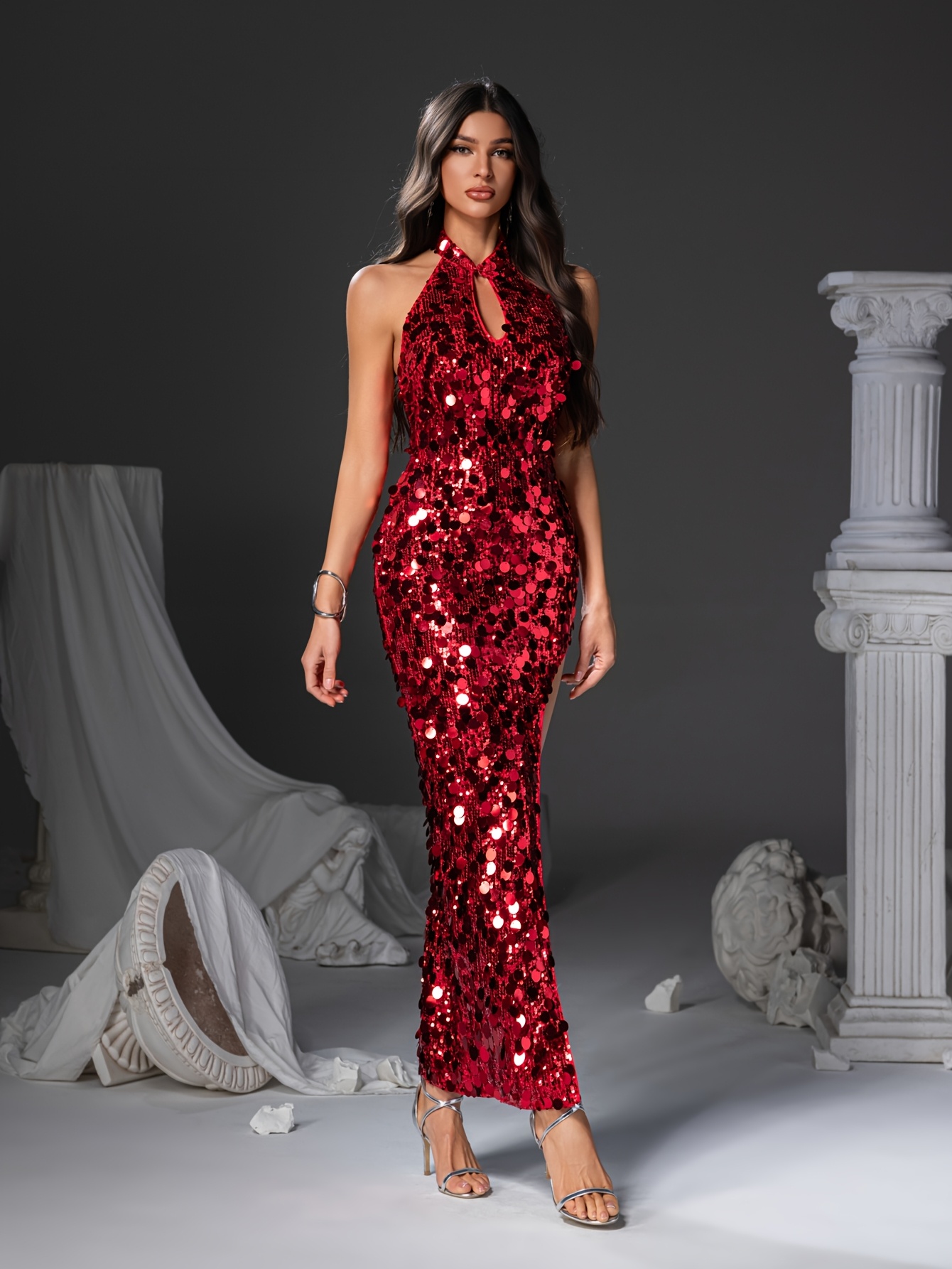solid color long sleeve sequined women's bridesmaid dress long style  fishtail bag hip sleeve side opening dress - women's clothing - Temu United  Arab Emirates