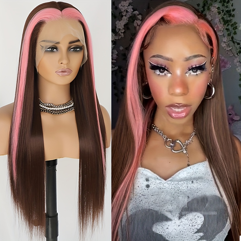 TEMU Chic Pink To Brown Ombre Skunk Wig - Long Straight Lace Front, 180% Density, Heat Resistant Synthetic Hair For Women, Glueless 13x4 Lace, Ideal For Cosplay & Daily Use