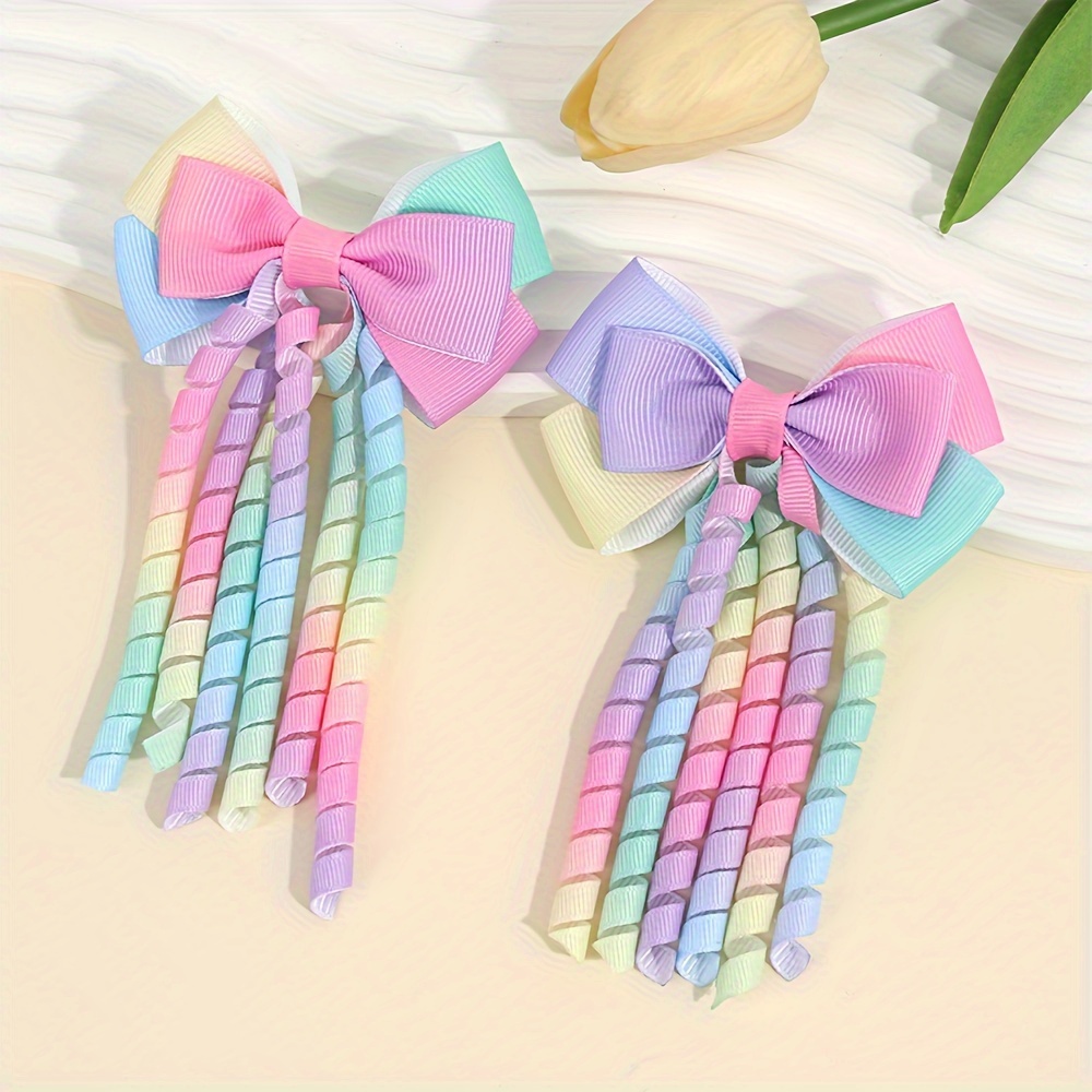 

2-pack Rainbow Curly Tassel Bow Hair Clips, Ribbon Hairpins, Non-woven Polyester, Cute Tie Dye Style, Daily & Casual Accessory For Teen Girls, Spring/ Barrettes