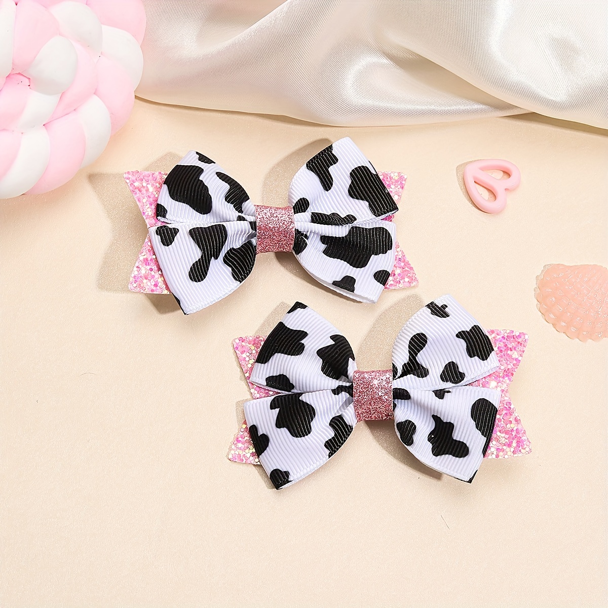 

2pcs Cow Print Bow Hair Clips For Girls - Glittery Grosgrain Ribbon, Parties & Casual Attire, Cow Pattern, Hair Clips, Glitter, Creative Accessories