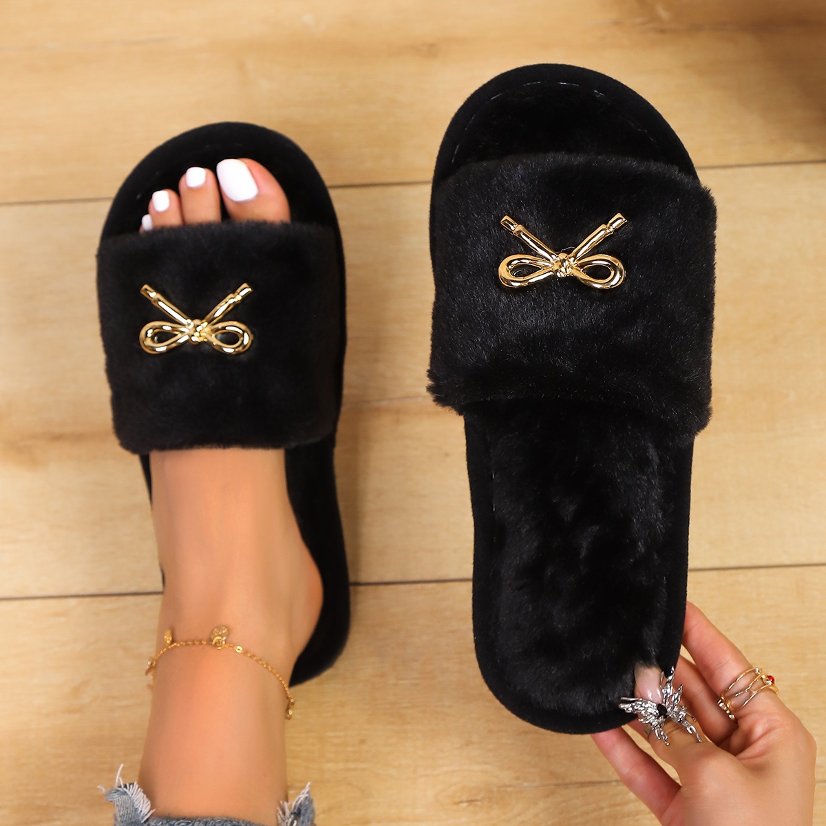E-shop Herbst- und Winterneue Damen-Pantoffeln mit Schleife, elegante, verdickte, warme, offene Indoor-Slipper, Dameschuhe