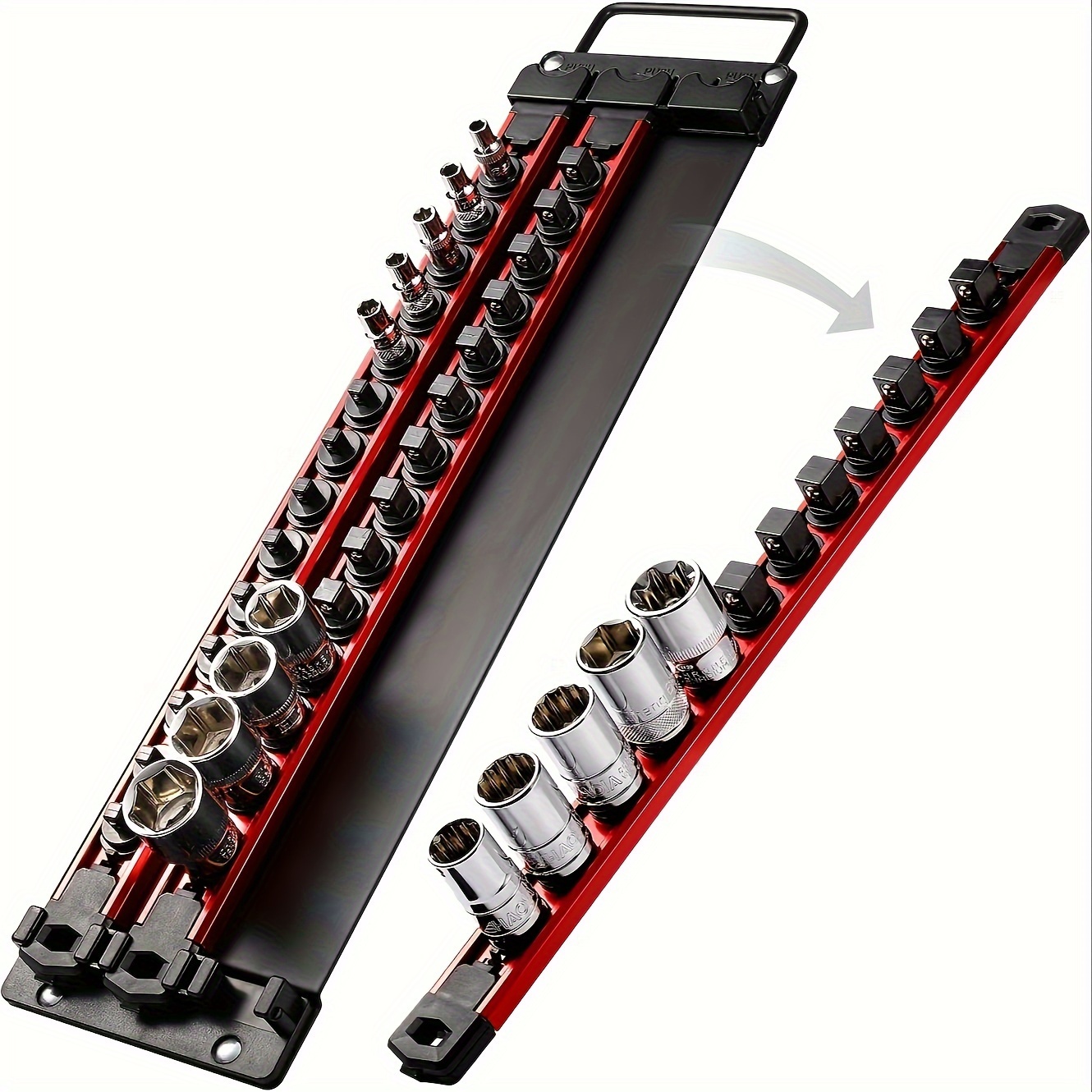 TEMU Portable Socket Manager - Steel Tray With Handle - Heavy Duty Aluminum Socket Rail Manager, Toolbox Socket Rack -1/2, 3/8, 1/4 Inch Socket 40 Clips