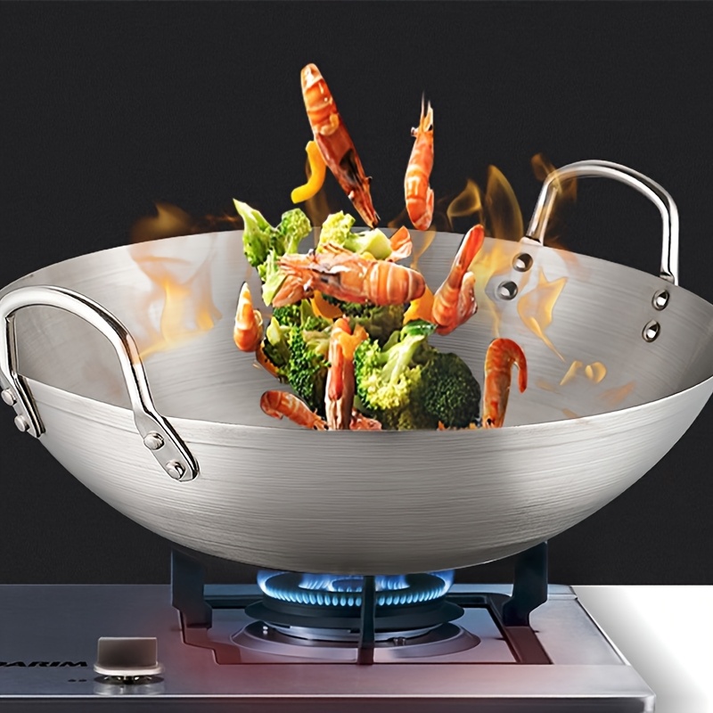 

1pc Stainless Steel Wok With Dual Handles, Heavy-duty Coating-free Chef's Pan For Restaurant And Home Use, Easy To Clean Commercial Grade Cookware